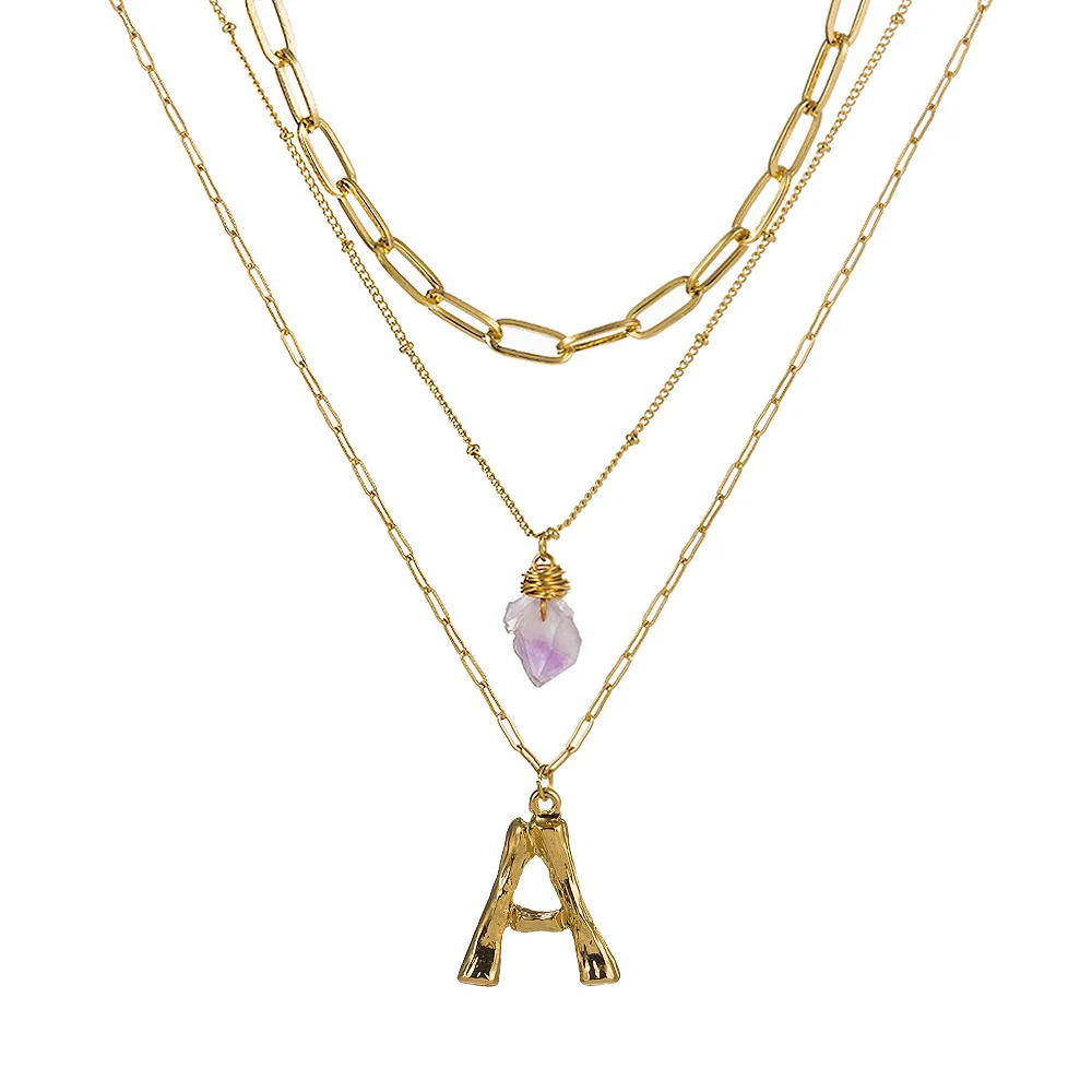

New custom chain natural stone alphabet plated gold 3 layered necklaces for women