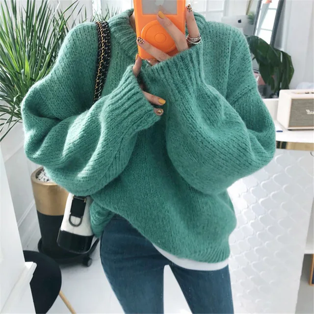 

Autumn Winter Solid O Neck Pullover Sweaters Korean Style Knitted Long Sleeve