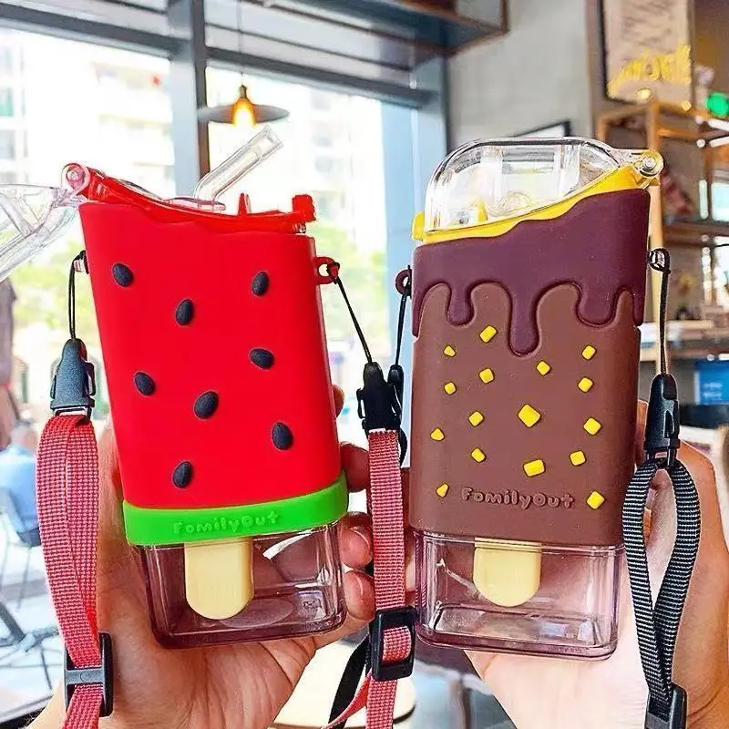 

Bolsa femenina Cartoon cute ice cream water bottle creative square cup portable leakproof kettle bag purse with straw