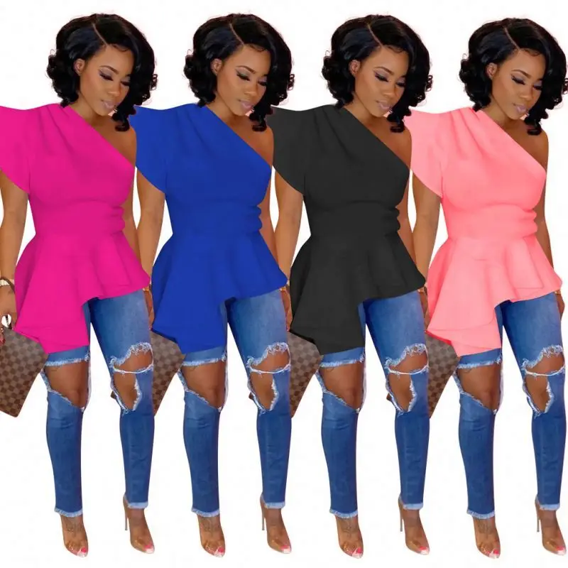 

Casual Fashion Solid Color One shoulder ruffled net red irregular T-shirt Women Blouse Top