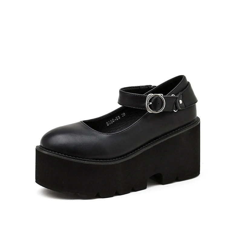 

2021 new arrivals spring fashion cute sweet lady buckle round toe women high block heels shoe platform soles, Black