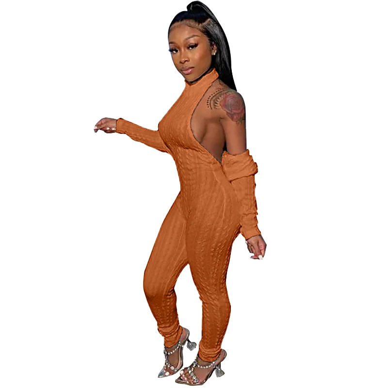 

New Arrival 2021 fashion sexy womens sweatersuit romper casual bodycon orange bodysuits for women long sleeve