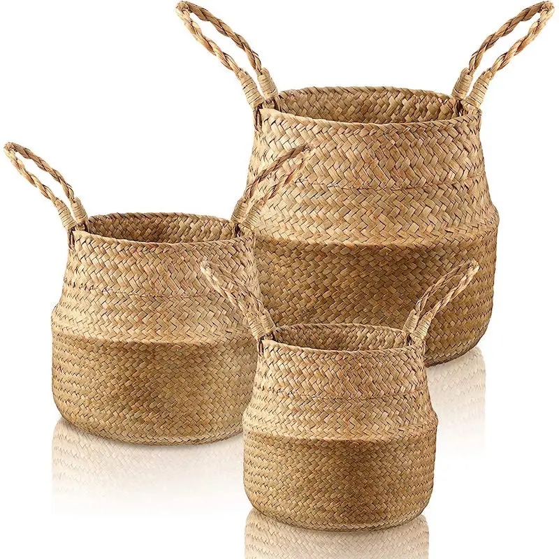 

Wholesale woven gift basket seagrass plant basket with handles for picnic and laundry, Brown