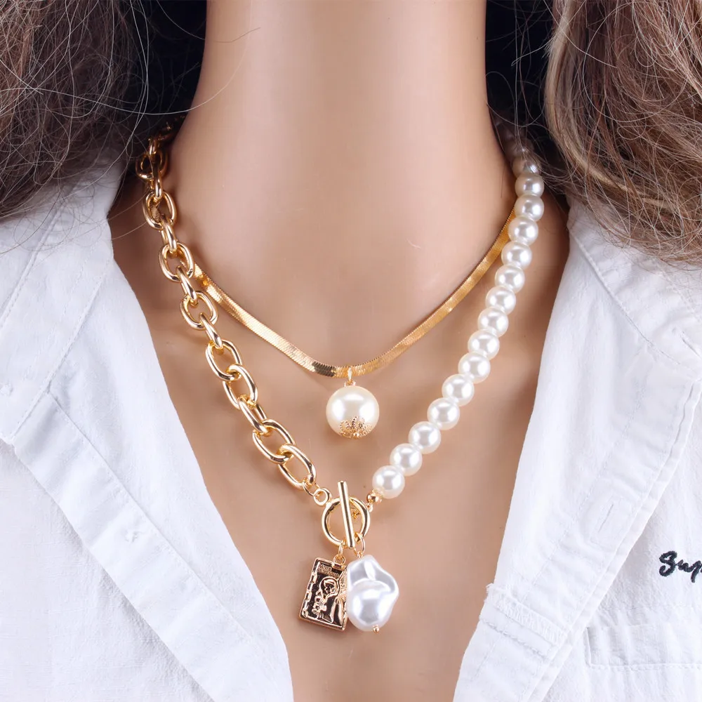 

Vintage Big Baroque Pearl Necklace Gold And Silver Color Thick Link Chain Square Portrait Pendant Multilayer Necklace Set, Gold, silver