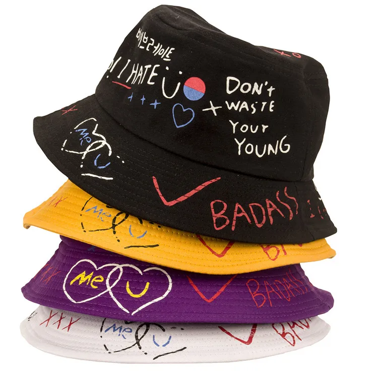 

Hot sale women custom letter graphic printed spring graffiti fisherman bucket hats bulk plain