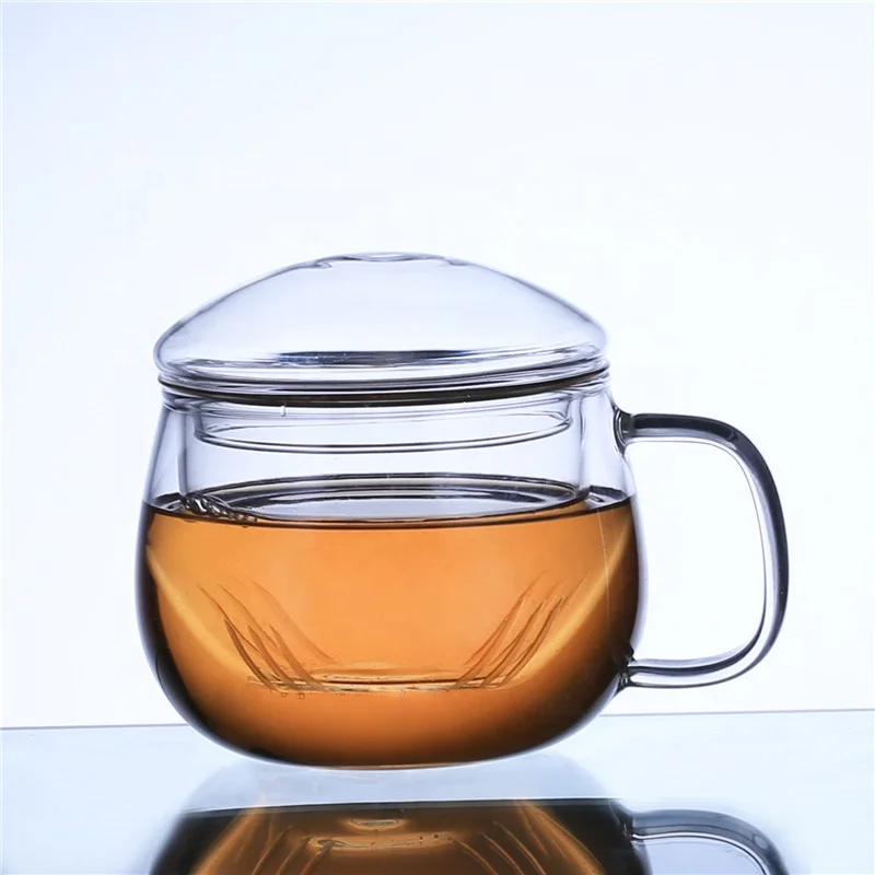 

Borosilicate Glass Tea Infuser Mug Tea Cup With lid 350ml bulge cover 3 piece set, Transparent