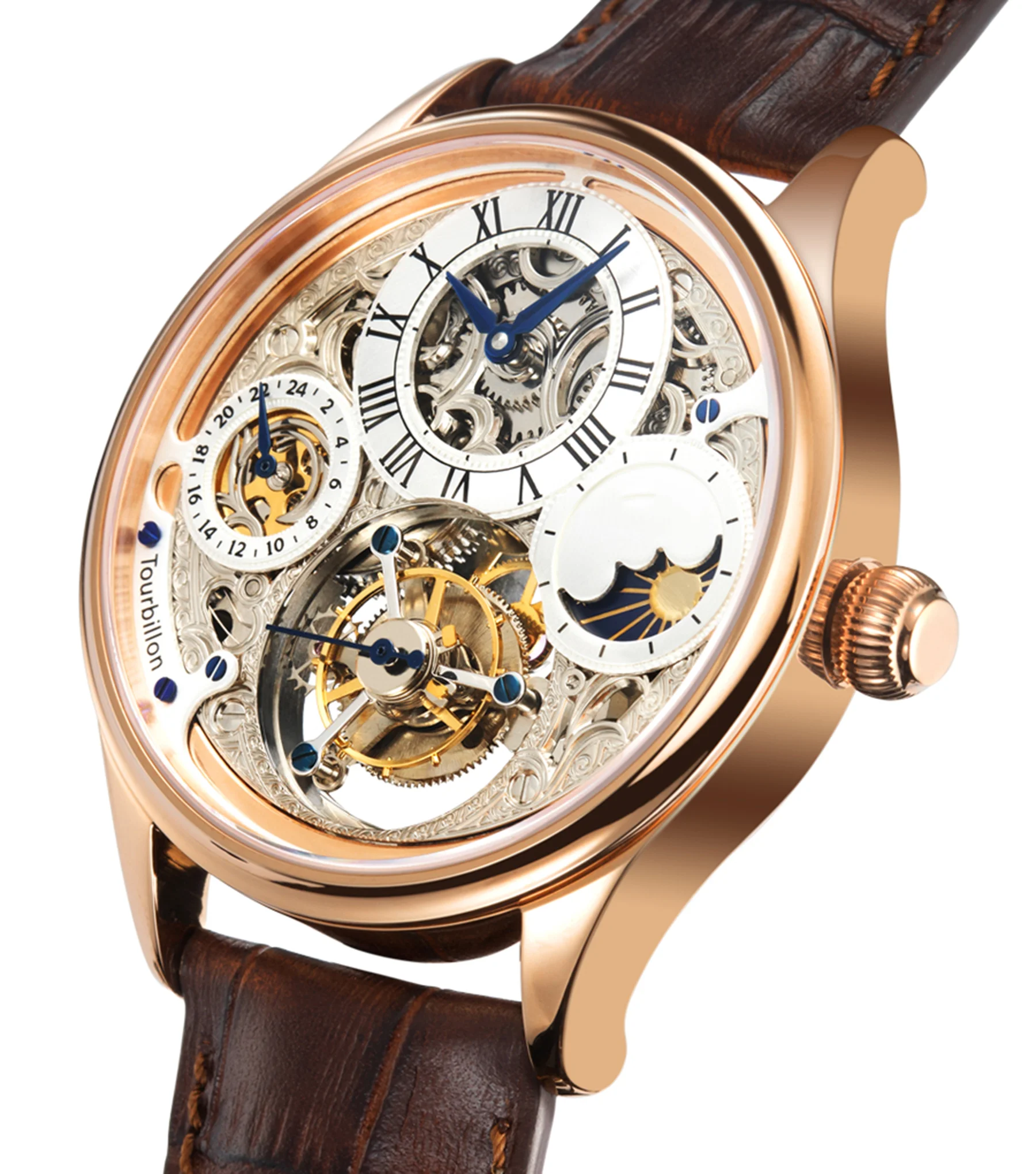 

Luxury men's cow leather strap multi functions waterproof tourbillon mechanical watch