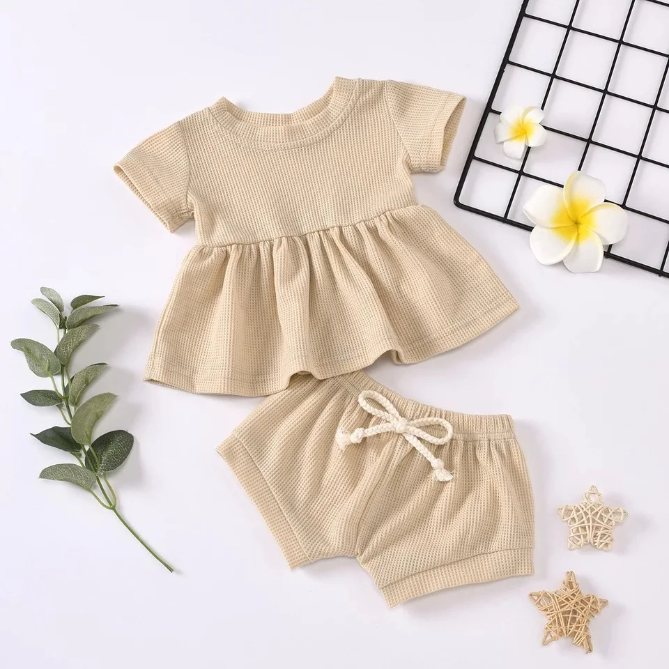 

Summer Baby Clothes Set Girls' Ribbed Waffle Cotton Skirt Top + Shorts 2 Pieces Set 1-5 Years, As picture shows