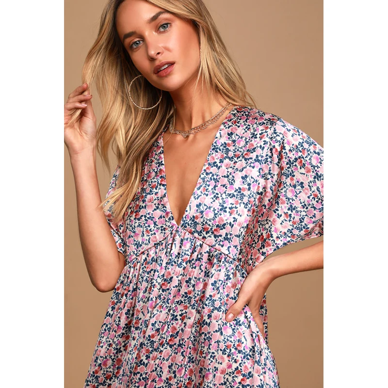 Express yourself blush pink floral print satin babydoll dress Clearance