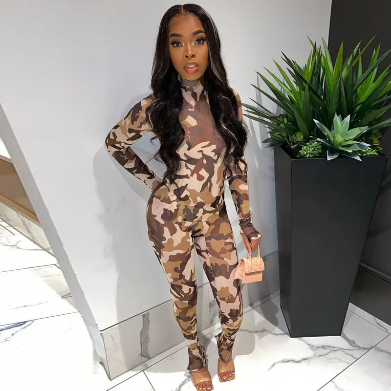 

2021 Fall Winter Streetwear Women Sexy Long Sleeve Playsuit High Neck Camouflage Print Rompers Jumpsuit