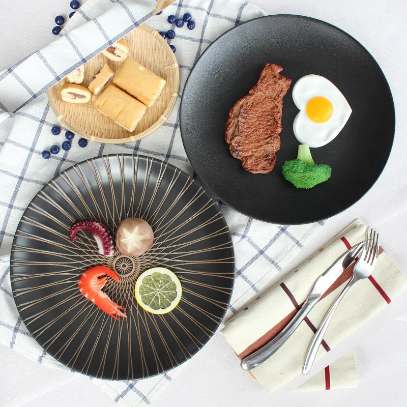 

round Ceramic 11-Inch Nail Drawing Thread Radiation Stripe Matt Wear-Resistant Scratch Western Food/Steak Spaghetti Flat Plate