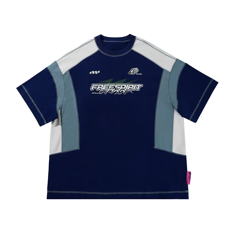 Wholesale Custom Lightweight Breathable Sporty Tee Patchwork Streetwear T-Shirt for Sports and Street Wear