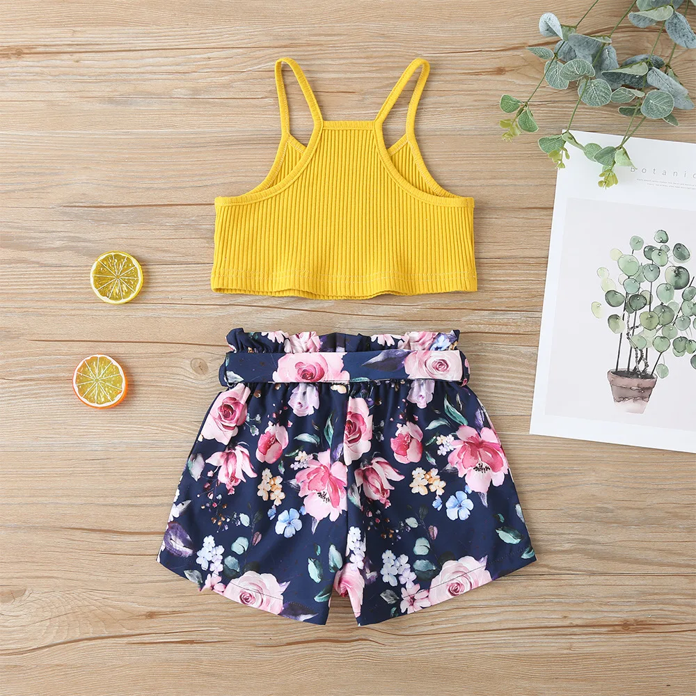

2Pcs New Summer Infant Kids Baby Suit Solid Color Sleeveless Ribbed Vest Top and Floral Print Shorts for Girls, As picture