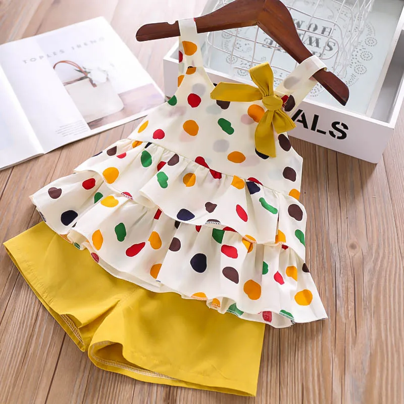 

Baby Girls clothes Suit Dot Bow Vest T-shirt Tops+Shorts Pants 2Pcs Set, As pictures