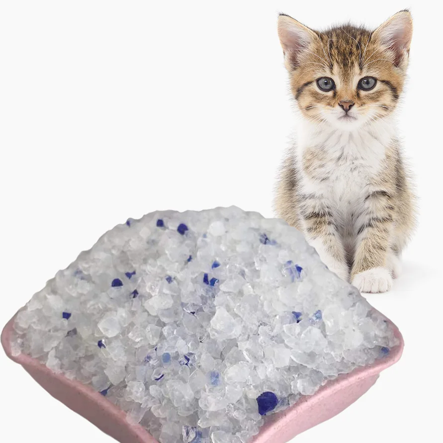 

Environmentally Friendly Silica Gel Crystal Clean Cat Sand Highly Absorbent White Blue Color Crystal Silica Gel Cat Litter Sand