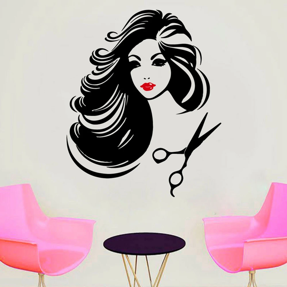 

Beauty Salon Wall Sticker Beautiful Lady Hairdresser Red Lips Vinyl Makeup Sticker Hair Haircut Hairdressing Decal For Lady