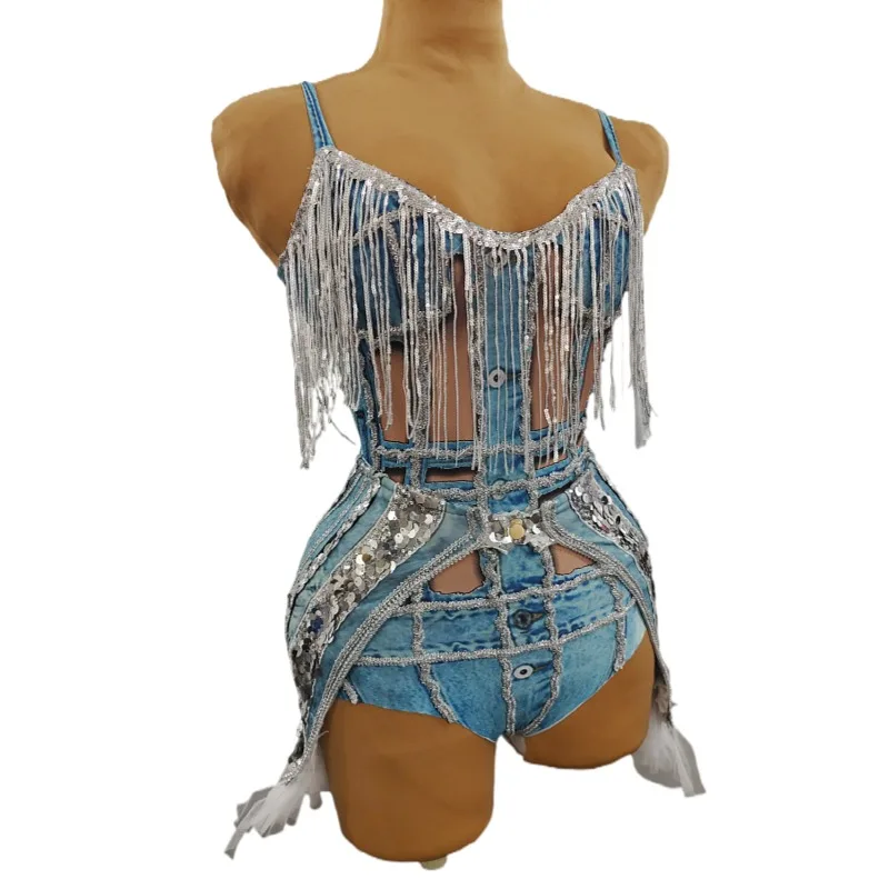 

Design Spaghetti Strap Blue Denim Glitter Sequins Tassel Bodysuit and Skirts Stage Costume Club Party Dress Outfit Sets Women