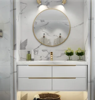 Round Black Mirrors Over White Double Bath Vanity Transitional Bathroom