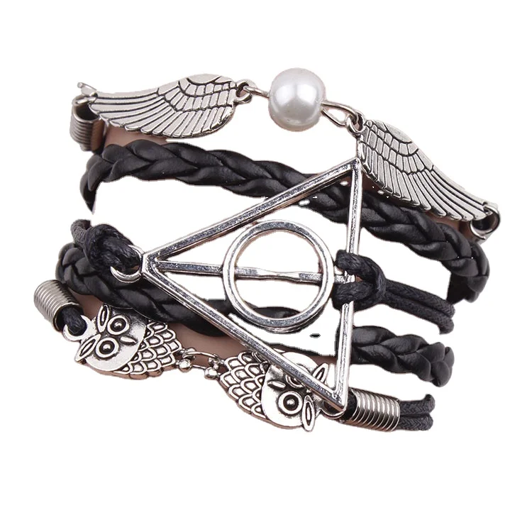 

Hot sale Harry Potter bracelets the Deathly Hollows wings pearls owls woven charms bracelets, As photos