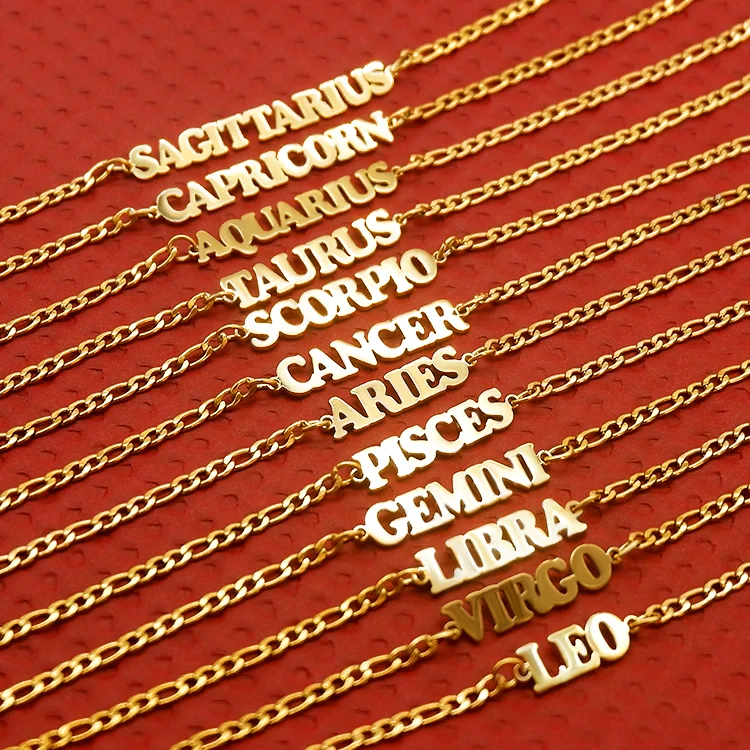 

Non tarnish jewelry cuban chain 18K gold plated stainless steel horoscope zodiac sign anklets stainless steel foot jewelry, Gold, silver, rose gold