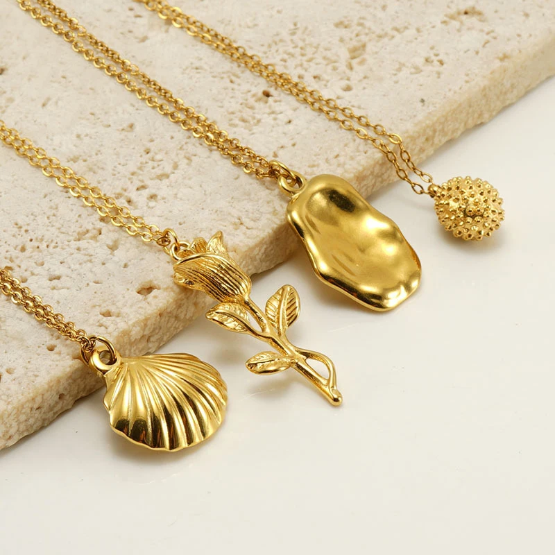 

Gold Plated Stainless Steel Rose Flower shell Durian Pendant Necklace for Women