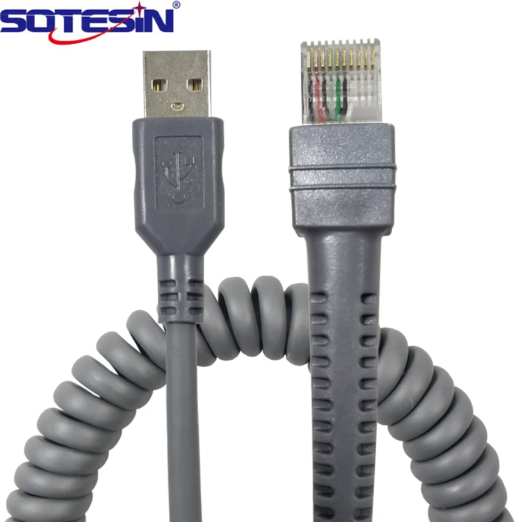 

2021 Wholesale Coiled Retractable Cable RJ45 To RS232 DB9 USB PS2 Barcode Reader For Motorola Symbol LS2208 Scanner Data Cable, Gray