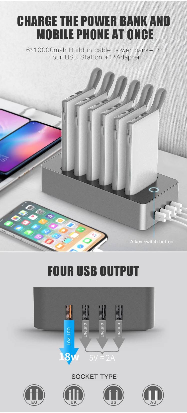 2020 Hot sale 10000mah power bank 6 slots portable battery usb charging dock station - ANKUX.COM