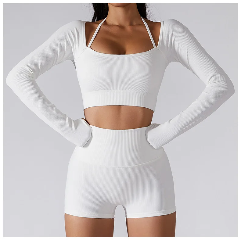 

2022 Spring New Fashionable Long Sleeve Ribbed Padded Yoga Wear Crop Tops For Women