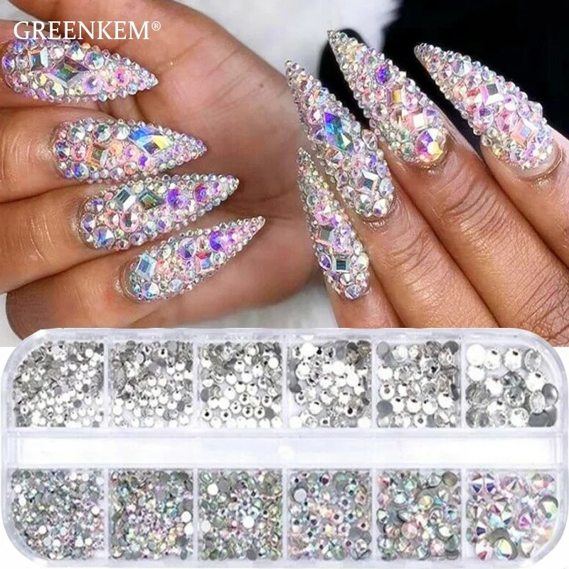 

GREENKEM 12 Gird/boxes Diy Crystal Rhinestone Jewelry Glass 3d Glitter Diamond Gem Nail Art Decoration Nail Jewelry