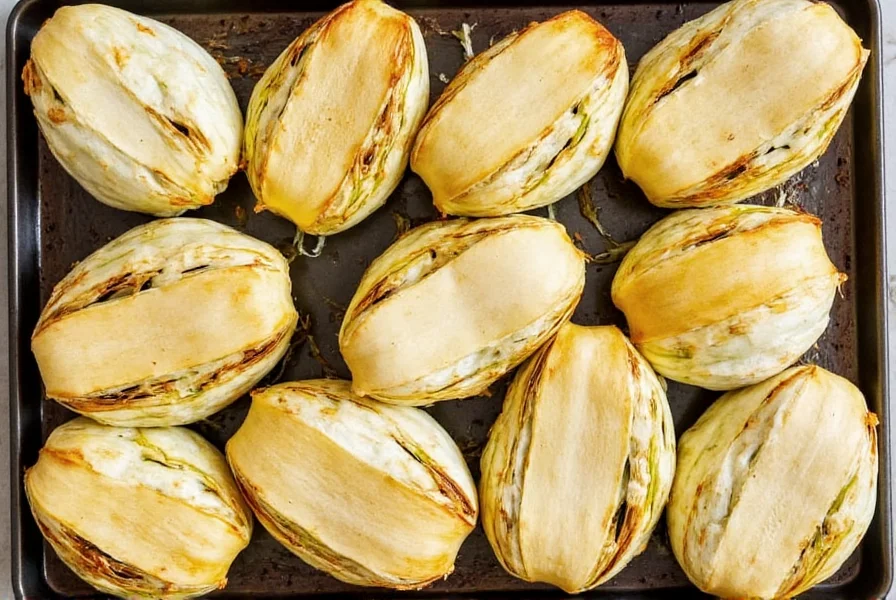 Roasted fennel bulbs with caramelized edges on baking sheet