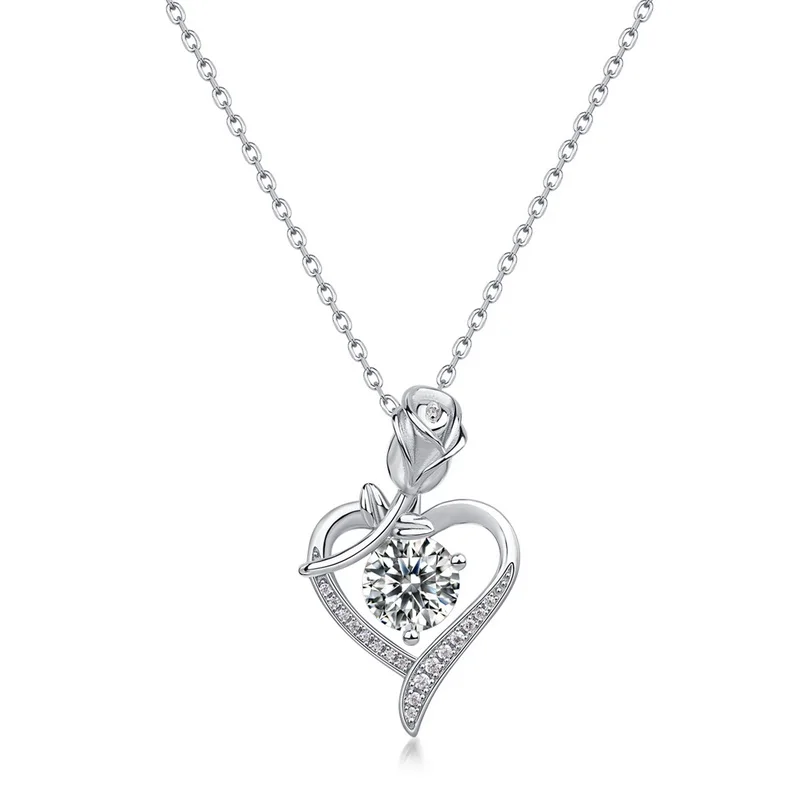 

Wholesale Women Luxury D Color VVS 1ct Moissanite Pendant 925 Sterling Silver Rose Heart Necklace Pendant Fine Jewelry For Gift