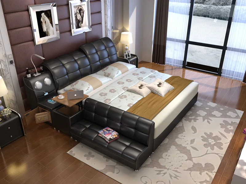 Multifunction Storage Bedroom Furniture Leather Bed With Massage