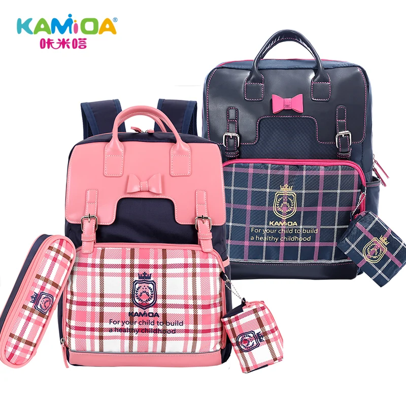 

Wholesale Stock Brand Quality 3in1 Set PU Nylon Bookbag Cute Bagpack Kawaii Plaid Child Students Bag Teen Girls School Backpack, Pink