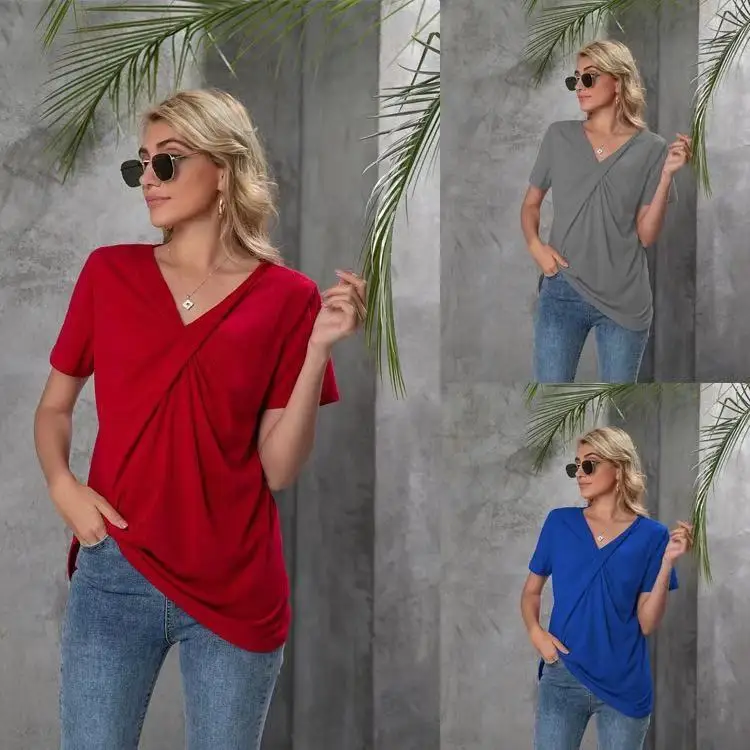 

high quality women clothing v neck oversized pleated design tshirts for ladies