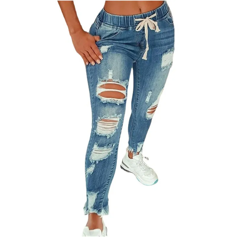 

2021 Hot Sale Plus Size Women's Jeans Pants Ladies Hole Slim Fringe High Waist Denim Trousers, Blue