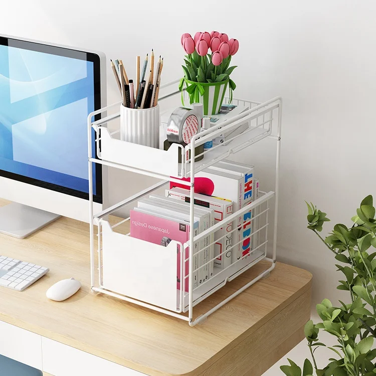 

Upgraded foldable and push-pull metal double-layer Multifunctional office desk file storage rack, Black/white