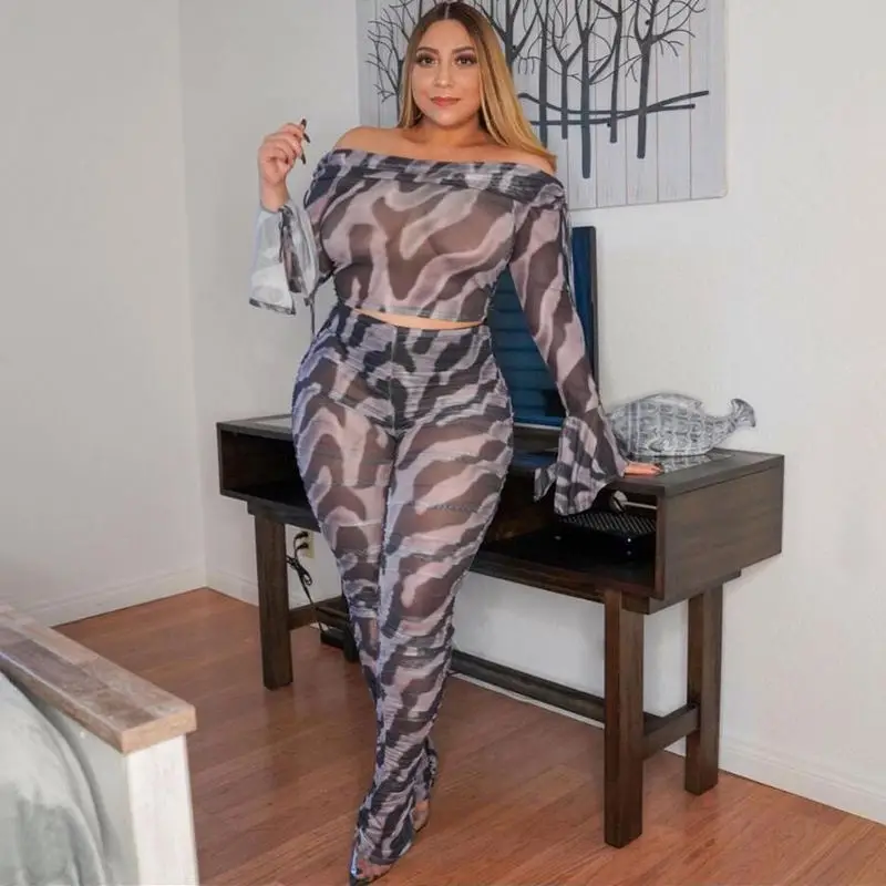 

Plus size women's sexy fashion striped print trumpet sleeve two-piece suit see-through set, Color