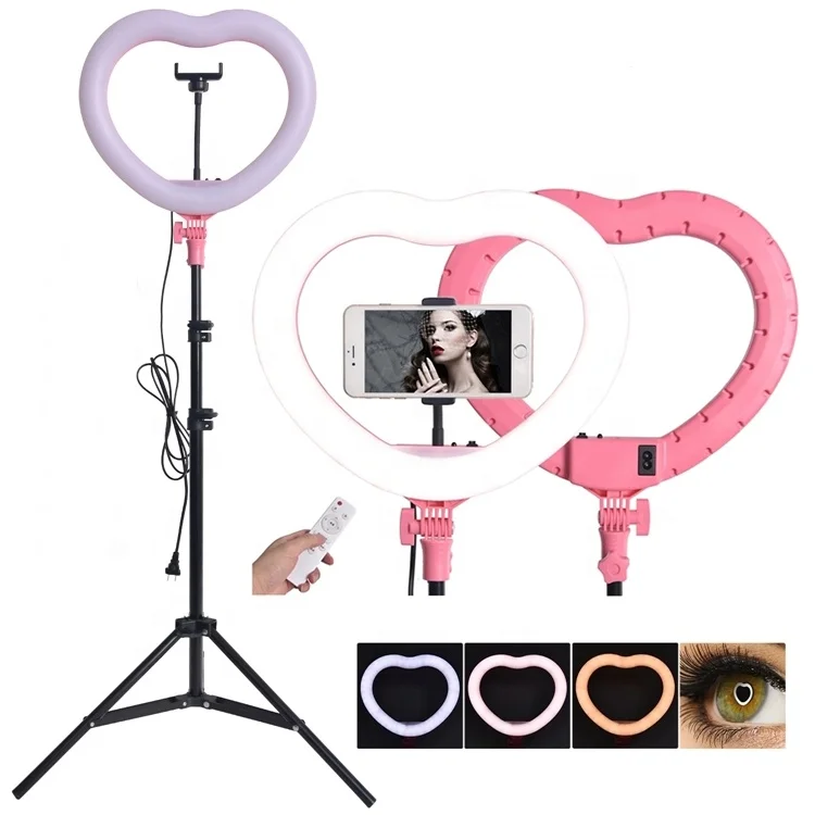 

Pink Makeup Photography Lighting LED Lamp Selfie With Tripod Stand Heart Shape Ring Light, Black,pink