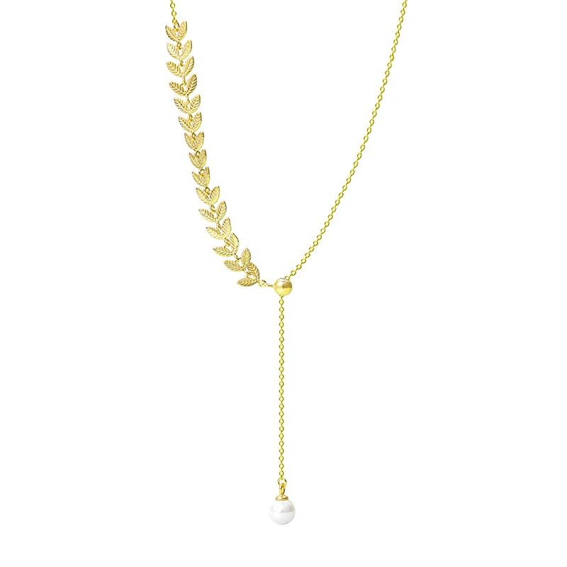 

Jewelry Long Chain Pearl Y shaped Lariat Necklace Silver 925 Gold Plated Wheat Chain Necklace