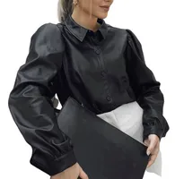 

OOTN 2020 New Arrivals Clothes Elegant Black Women Blouses Leather Puff Long Sleeve Female Office Shirts Ladies Office Blouse