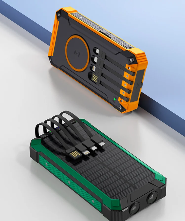 

New Design Multifunction Portable Waterproof 20000mah Solar Power Bank Build in Cable with Flashlight Wireless Solar Charger