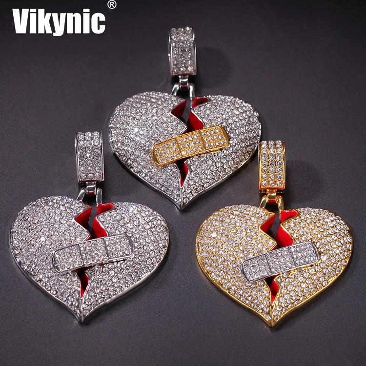 

Hip hop new full diamond band aid broken heart pendant broken heart alloy necklace OK tension Love Pendant