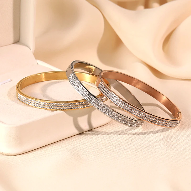 

Luxury Stainless Steel 18k Gold Plated Tennis Zircon Bangle Women Beading Number Bamboo C Cuff Bangle Jewelry For Gift