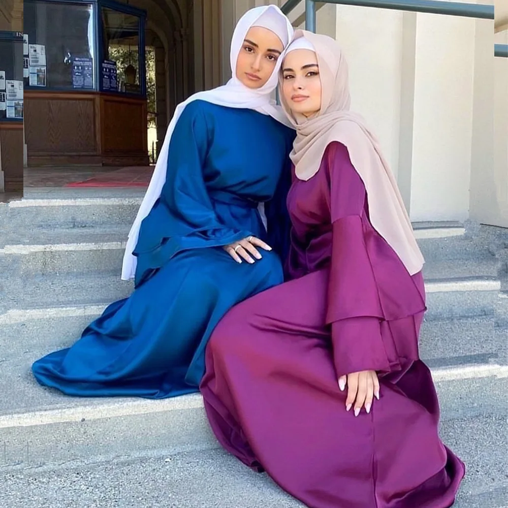 

1574MuslimQLO Turkish solid color plus size double-layer flared sleeve robe abaya dubai 2021 luxury abaya muslim dresses, Red,gray,blue