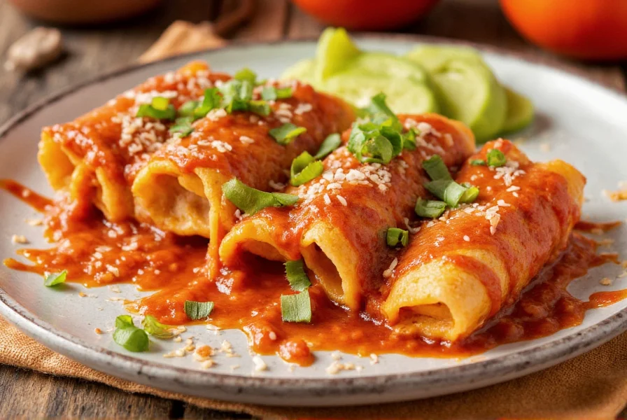 Homemade red sauce enchiladas prepared with Las Palmas red chili sauce showing golden tortillas covered in rich red sauce with fresh garnishes