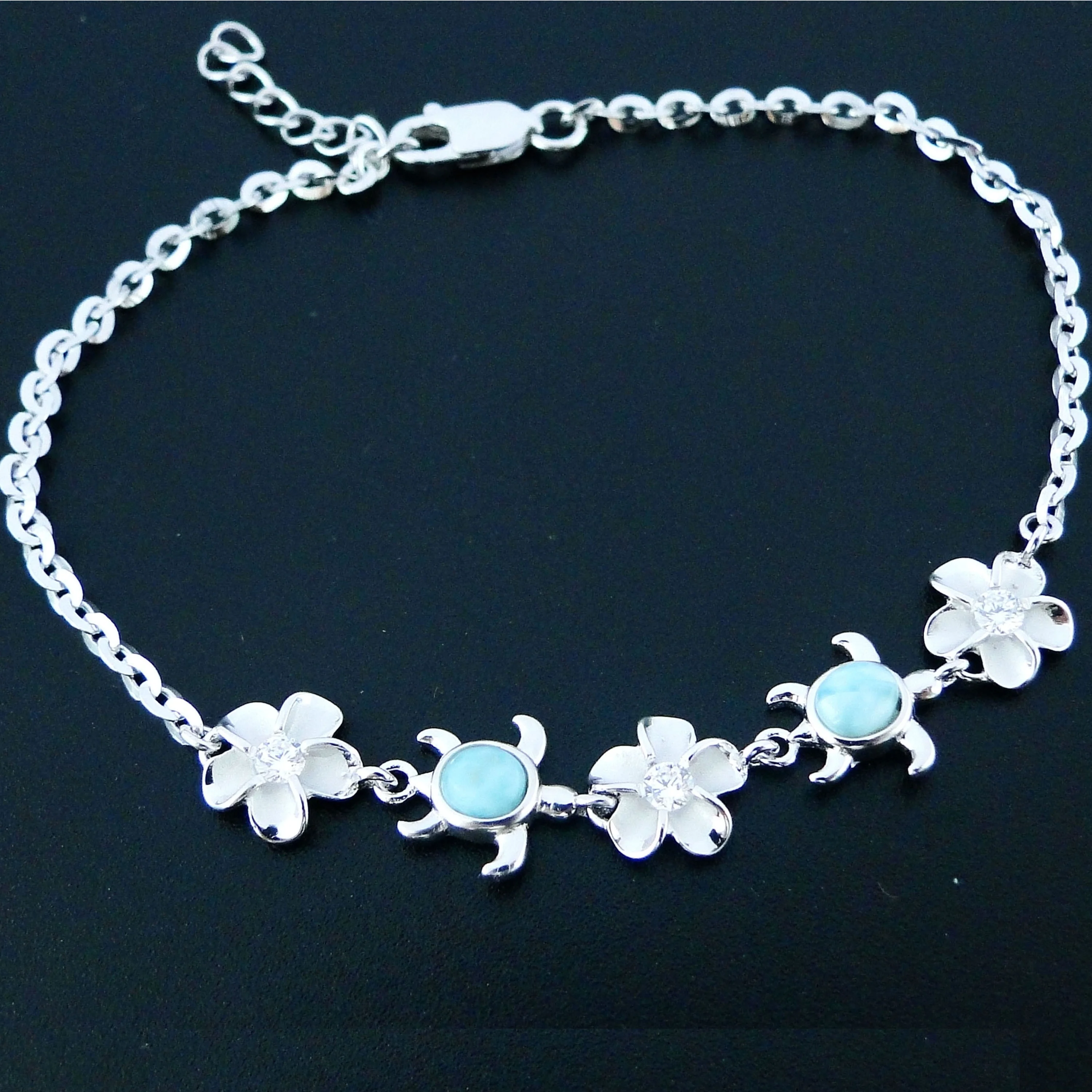 

925 Silver Flower with Natural Larimar al por mayor Turtle Shaped Larimar Bracelet Hawaii Larimar Sea Life Jewelry for Woman's