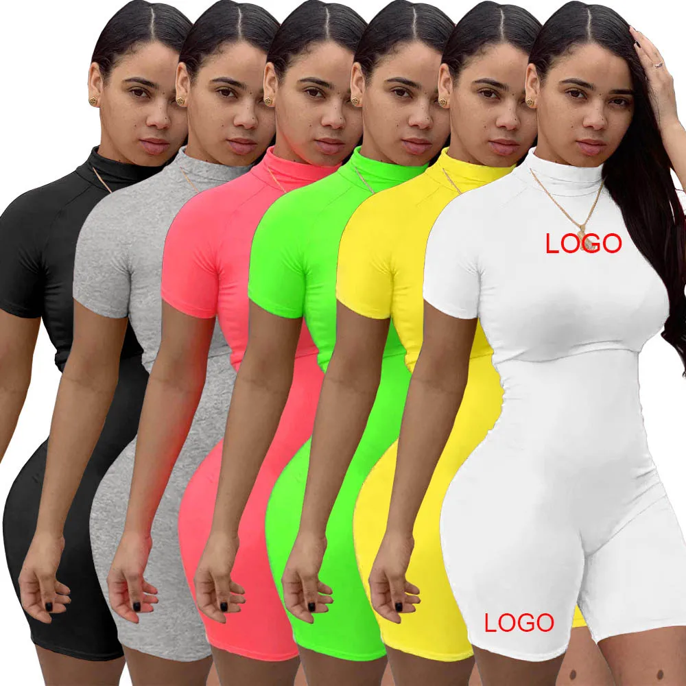 

custom logo plus size women summper desinger jumpsuit rompers bike shorts solid onepiece bodycon sexy bodysuits for women custom