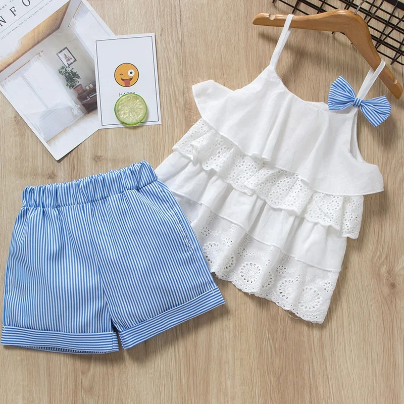 

B52723A Fashion little girl boutique clothes summer new lace flower t-shirt with shorts, Shown