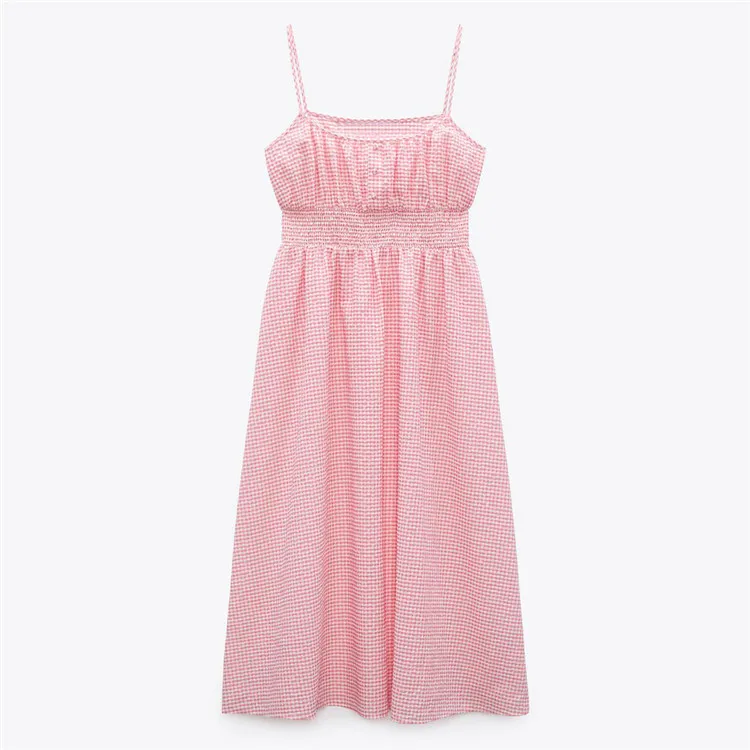 

BMURHMZA 2021 summer new sweet style elastic waist-tight pink plaid mid-length backless suspender dress, Picture color