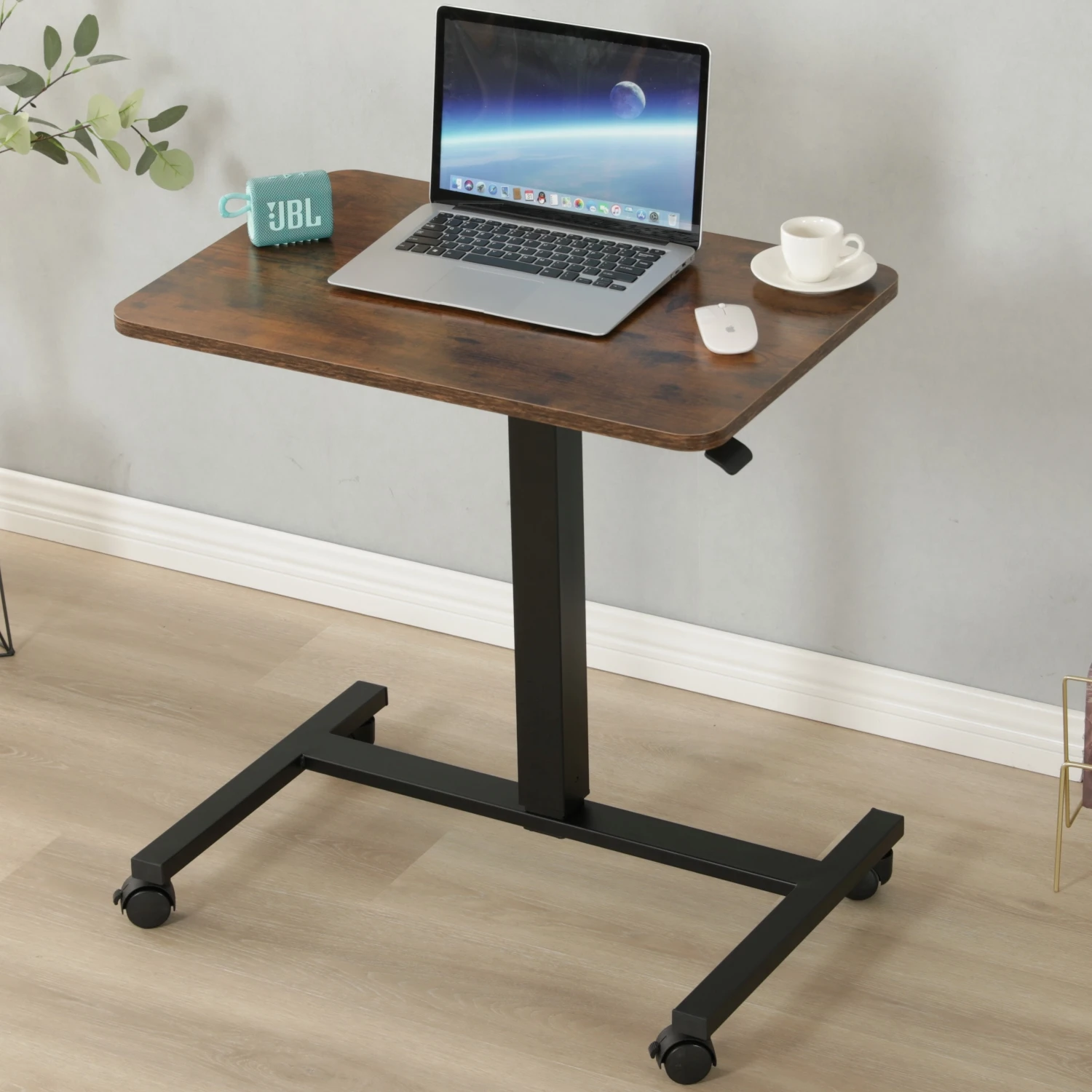 

Home office small table single leg height adjustable standing laptop desk with brake wheels gas spring moving table